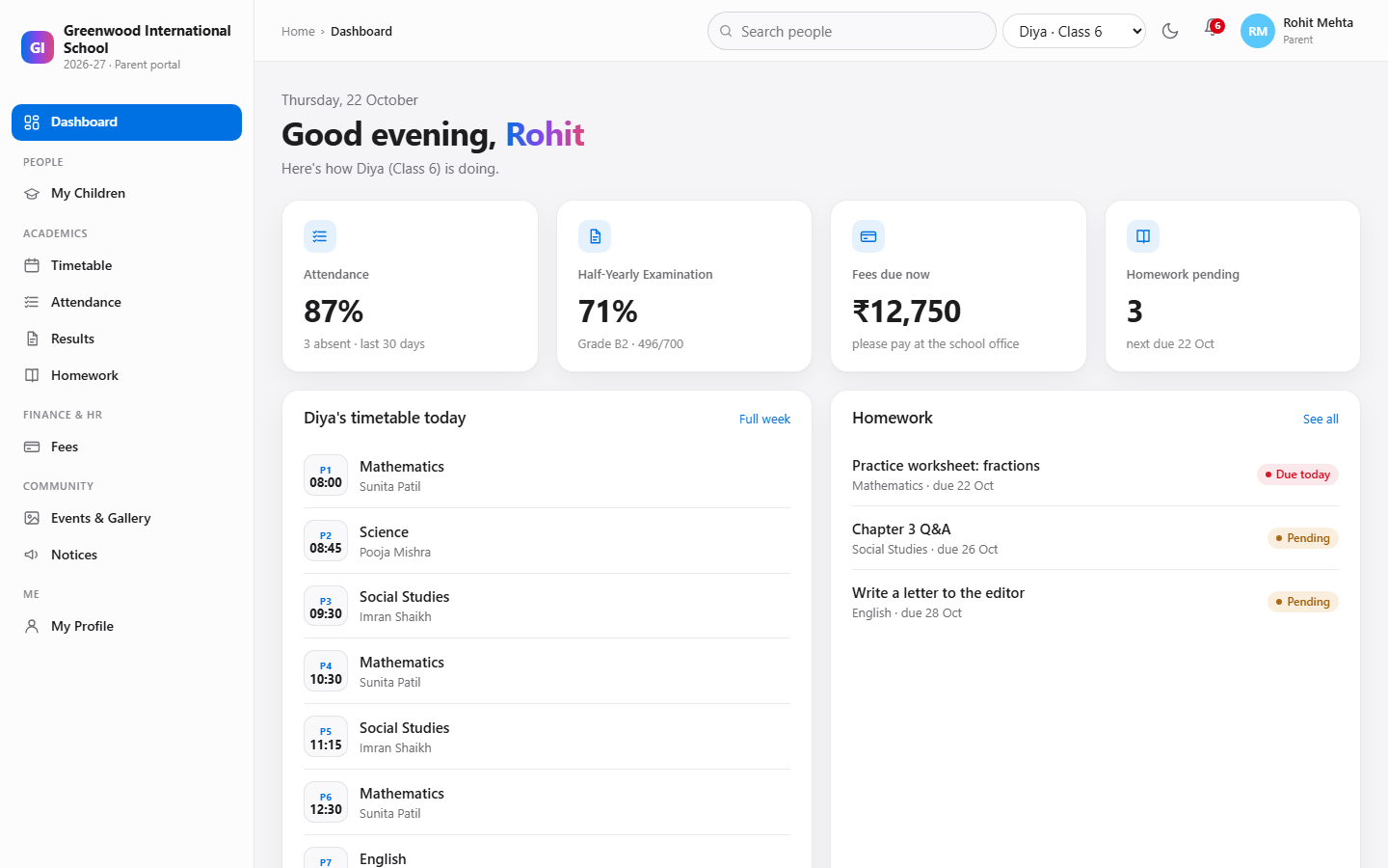 Parent dashboard