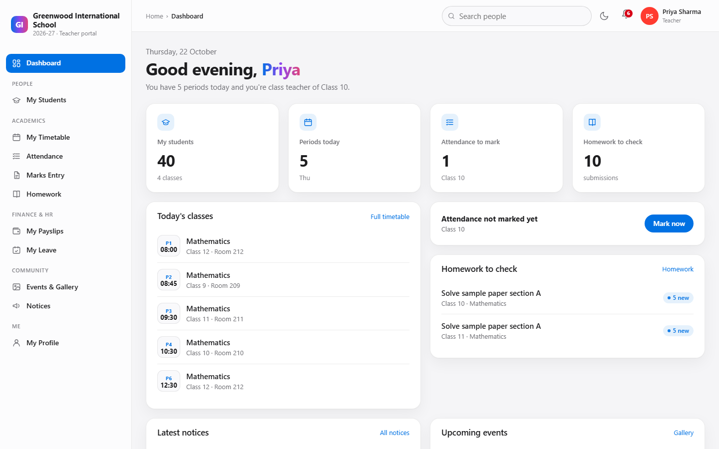 Teacher dashboard